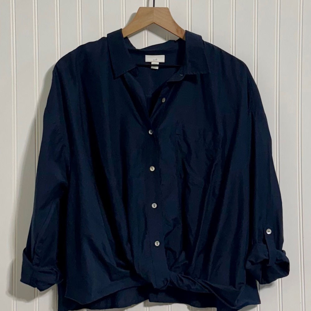 J.Jill Shirt Women L Large P Navy Blue Button Down Cotton Silk Blend Roll Tab - Picture 2 of 8